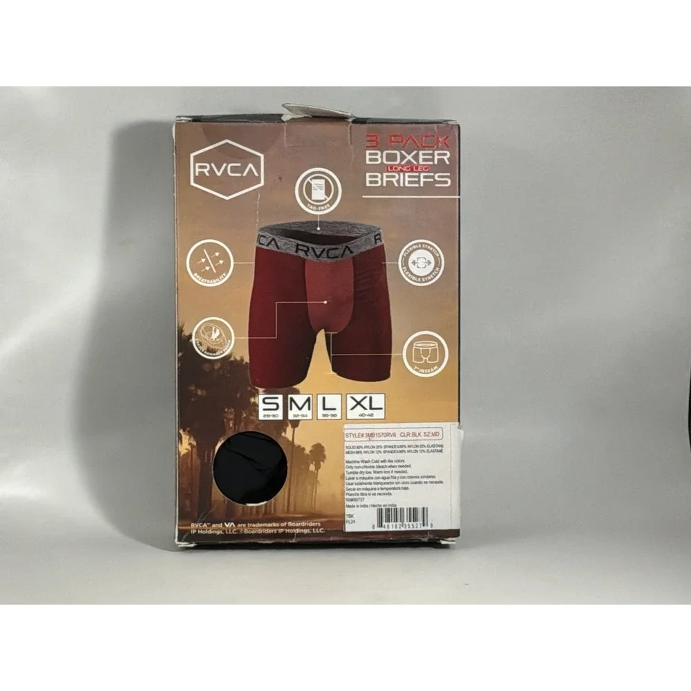 RVCA Men's M Boxer Long Leg Briefs3 Pack Black Performance Microfiber